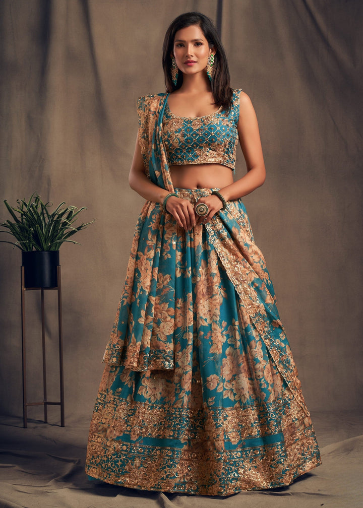 Teal Blue Organza Lehenga with Dupatta