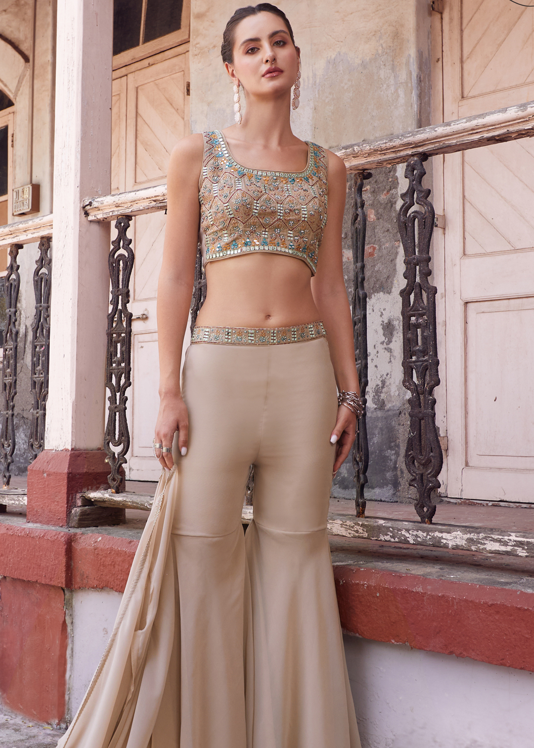 Chiku Brown Georgette Sharara Choli with Embroidery work