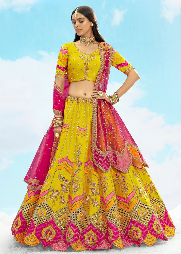 Yellow And Pink Silk Lehenga With Cut Work Border