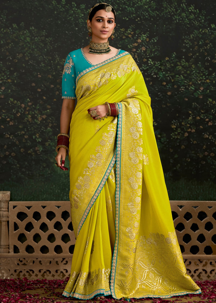 Lime-Yellow and Turquoise Viscose silk Saree