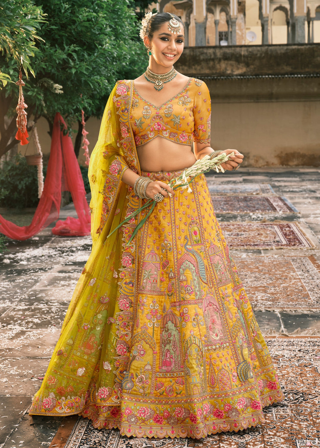 Yellow & Green Fancy Silk Lehenga Choli With Cut Work Embroidery Border & Stone Work