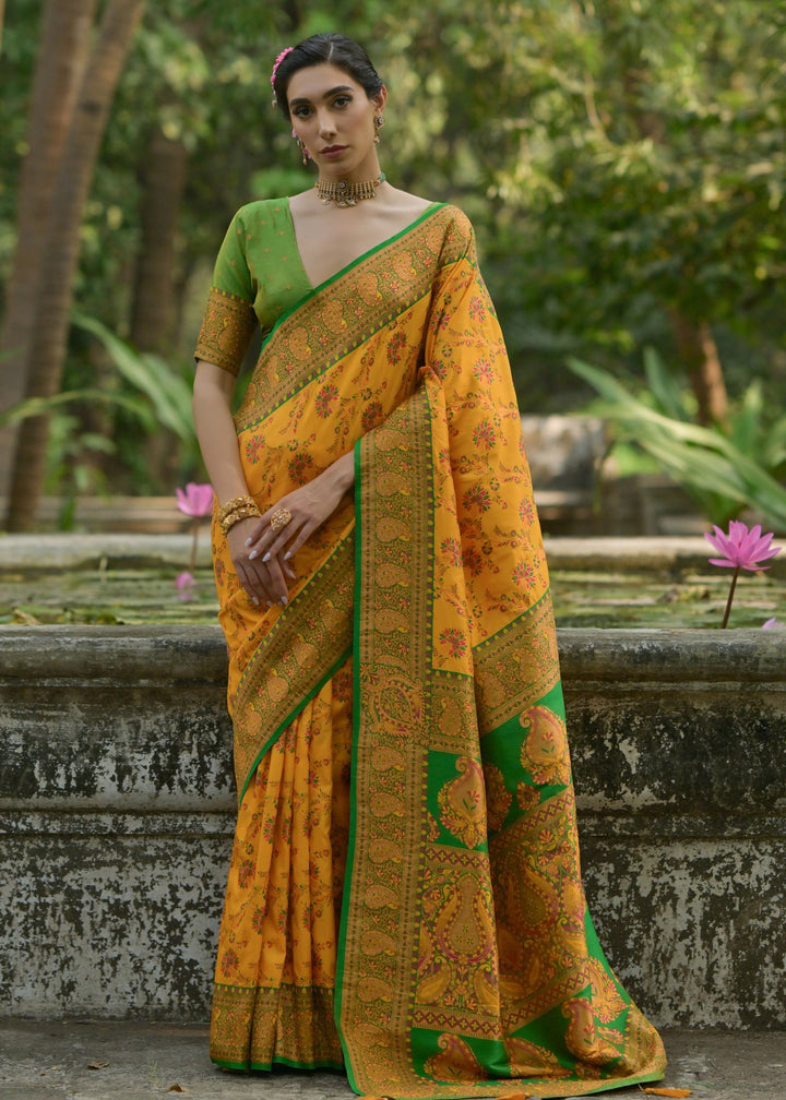 Sunflower Yellow Thread Woven Pashmina Silk Saree With Heavy Thread Woven Pallu