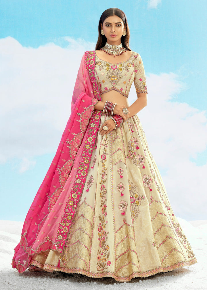 Off-white and Megenta Lehenga With Cut Work Border