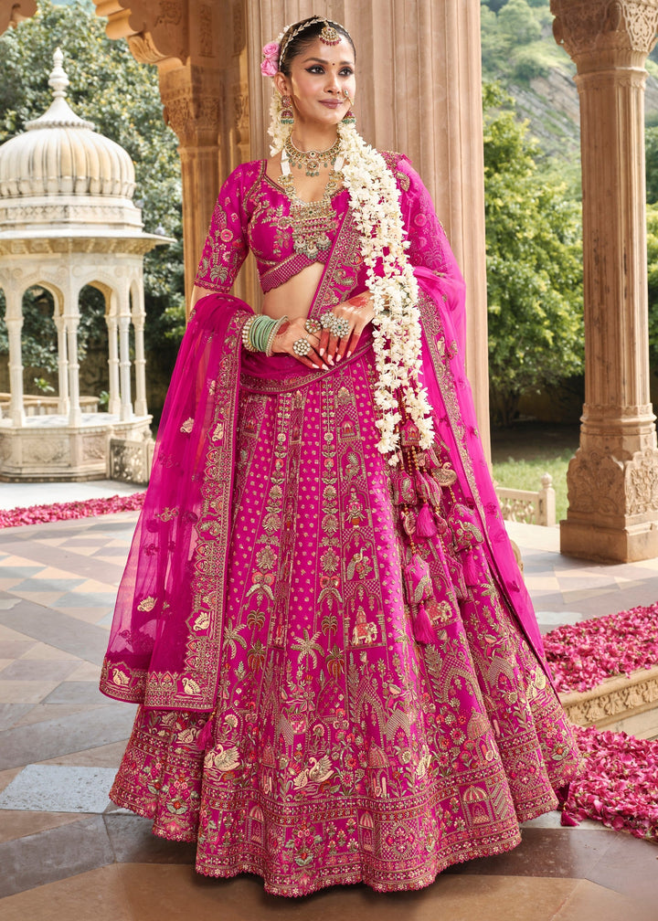 Persian Rose Pink Heavy Bridal Silk Lehenga With Khatli And Embroidery Work