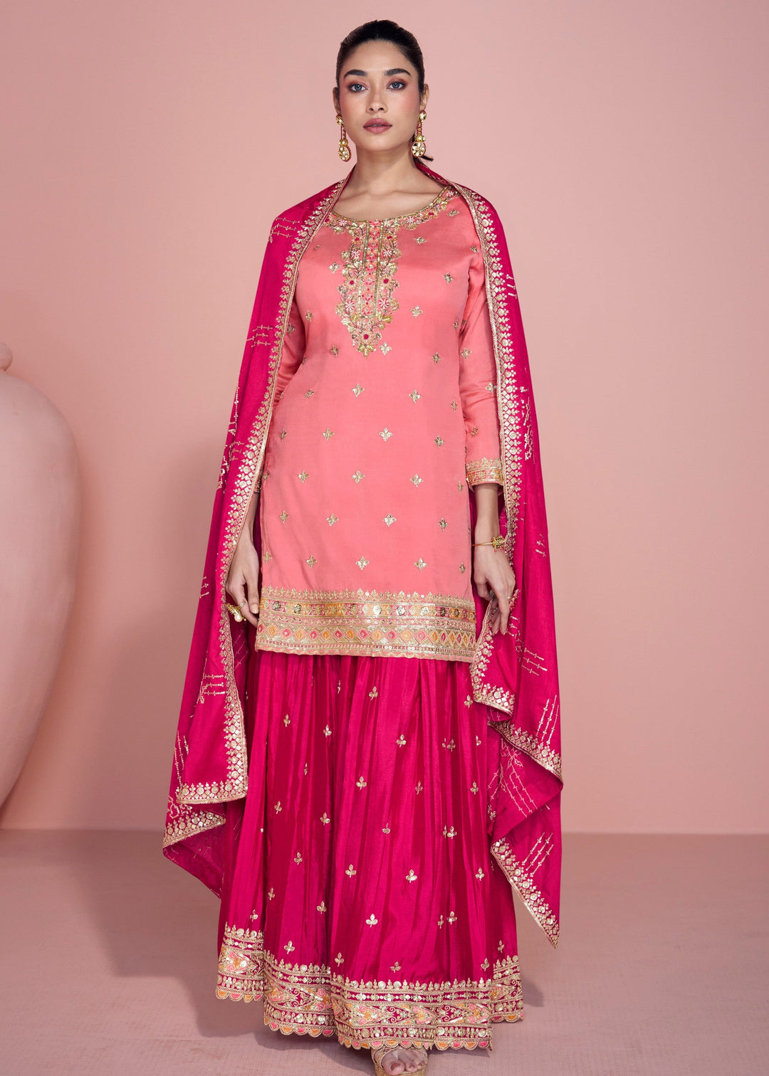 Peach Pink Chinnon Silk Plazo Suit With Thread Embroidered Work : Top Pick