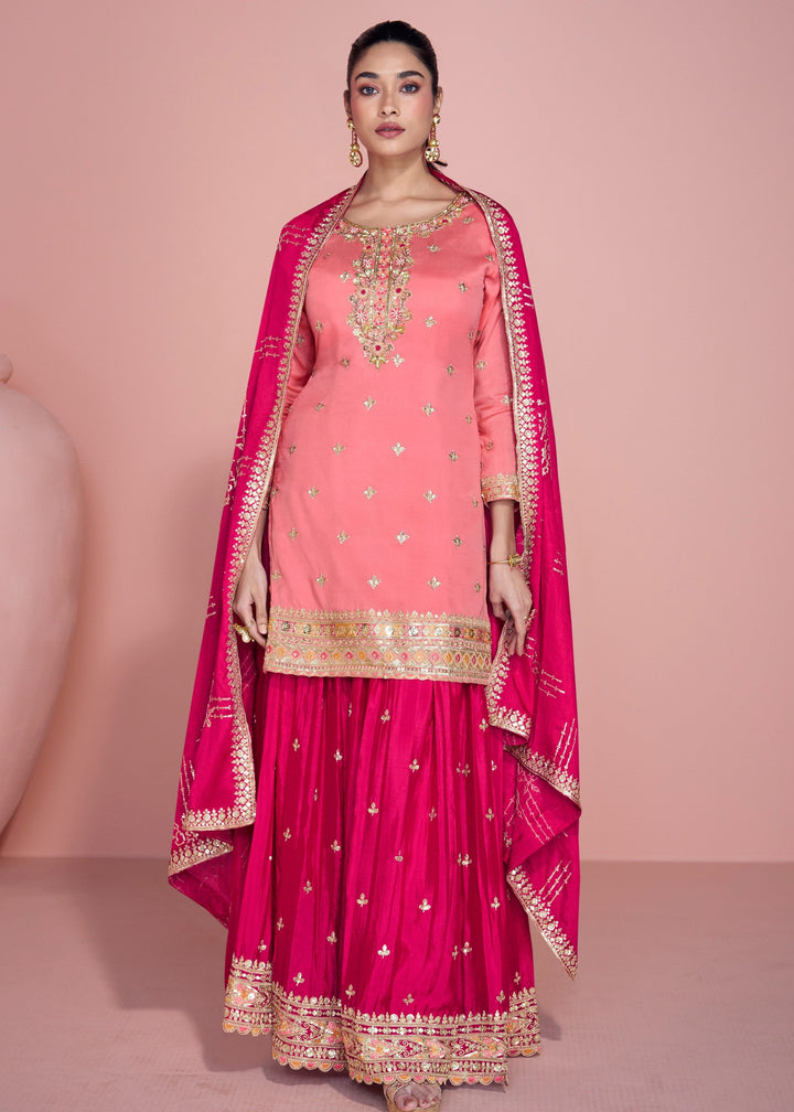 Peach Pink Chinnon Silk Plazo Suit With Thread Embroidered Work : Top Pick