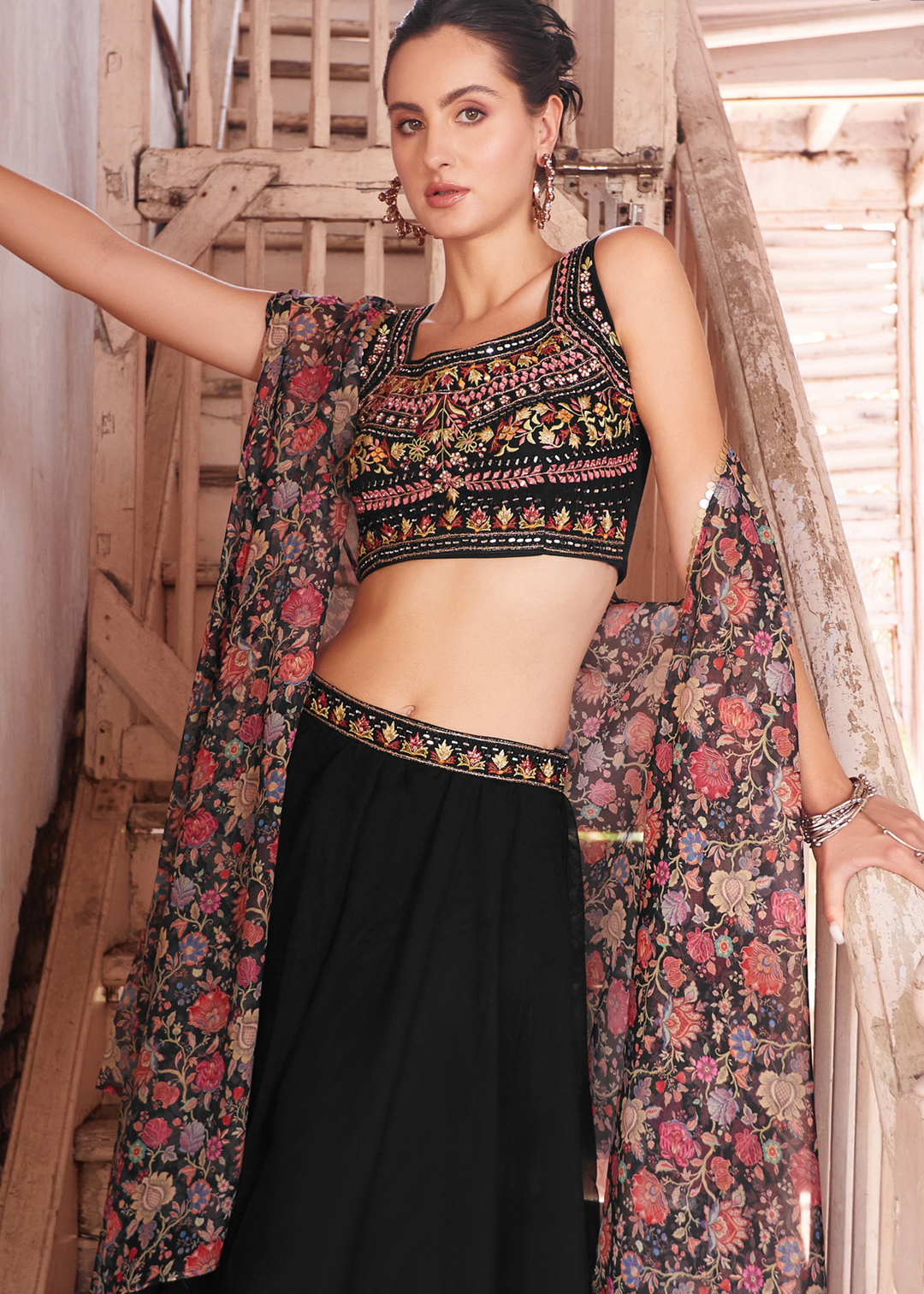 Onyx Black Georgette Sharara Choli with Embroidery work