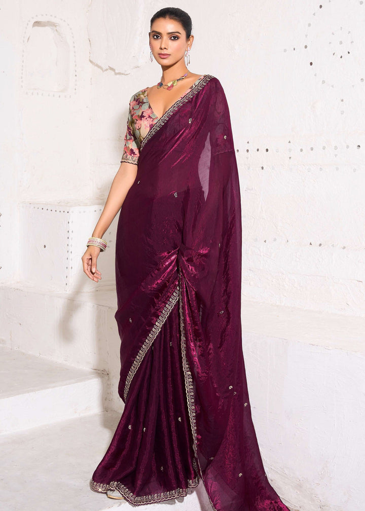 Wine Purple Gold Crush Tissue Silk Saree With Beautiful Blouse : Top Pick