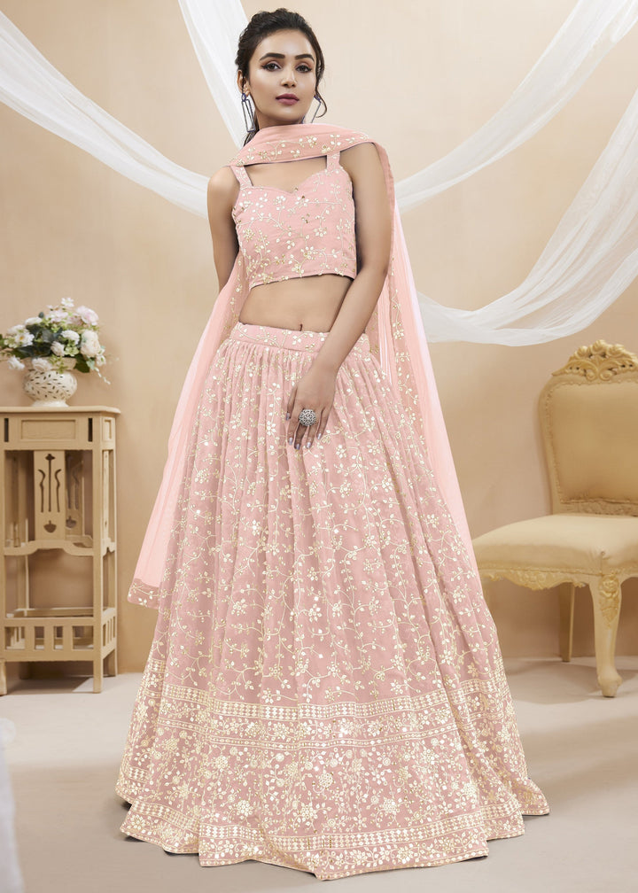 Blush Pink Georgette Lehenga Choli With Sequins Zari Embroidered Work