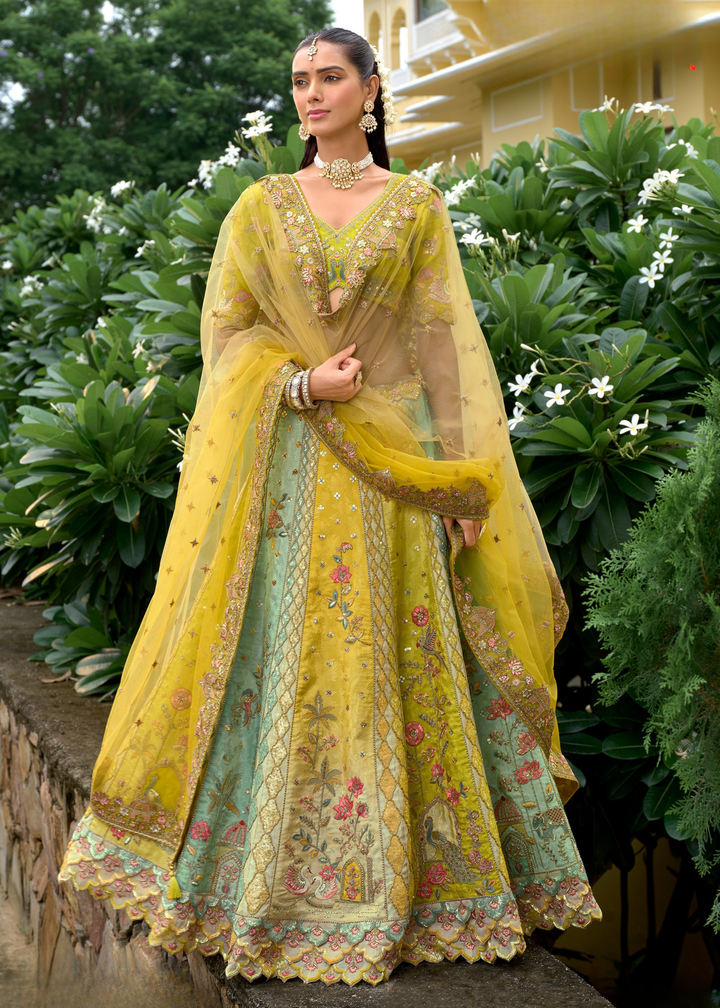 Olive Yellow Floral Silk Lehenga With Cut Work Border And Embroidery