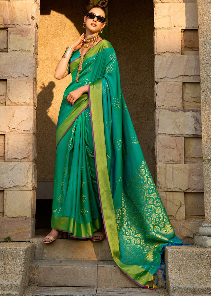 Bright Green Satin Silk Saree