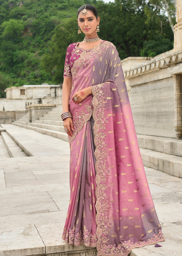 Mauve Purple And Pink Viscose Tissue Silk Saree