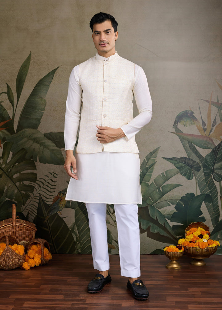 White Mens Wear Koti Style with Kurta and Pajama