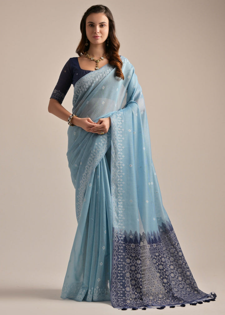 Firozi Thread Butti Lakhnawi Weaves Muga Cotton Saree With Contrast Pallu