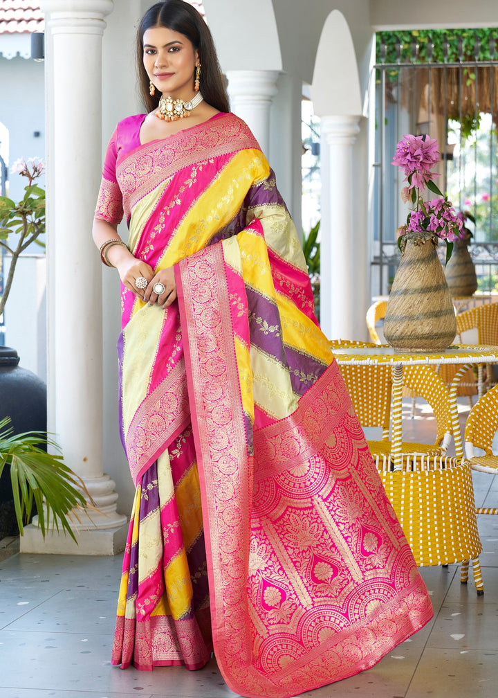 Yellow Leriya Zari Woven Banarasi Silk Saree With Contrast Pallu