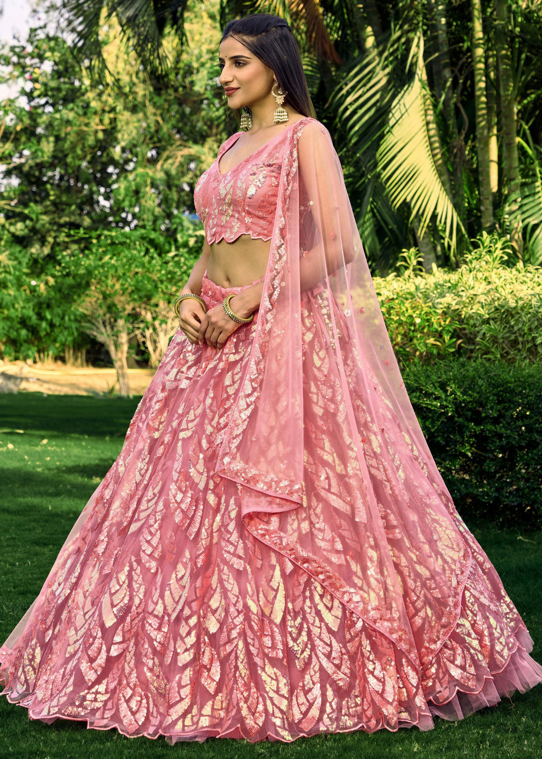 Baby Pink Net Lehenga Choli With Multiple Sequins And Thread Embroidery Work