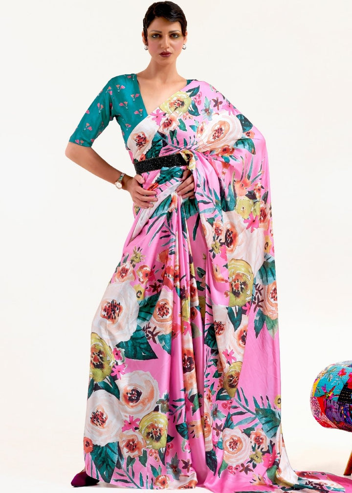 Creamy Pink Printed Satin Crepe Saree