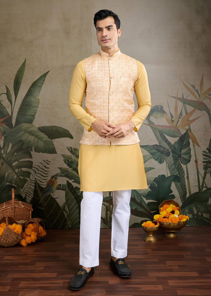 Yellow Mens Wear Koti Style with Kurta and Pajama