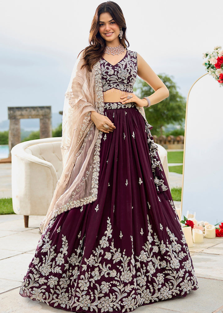 Wine Satin Silk Lehenga Choli