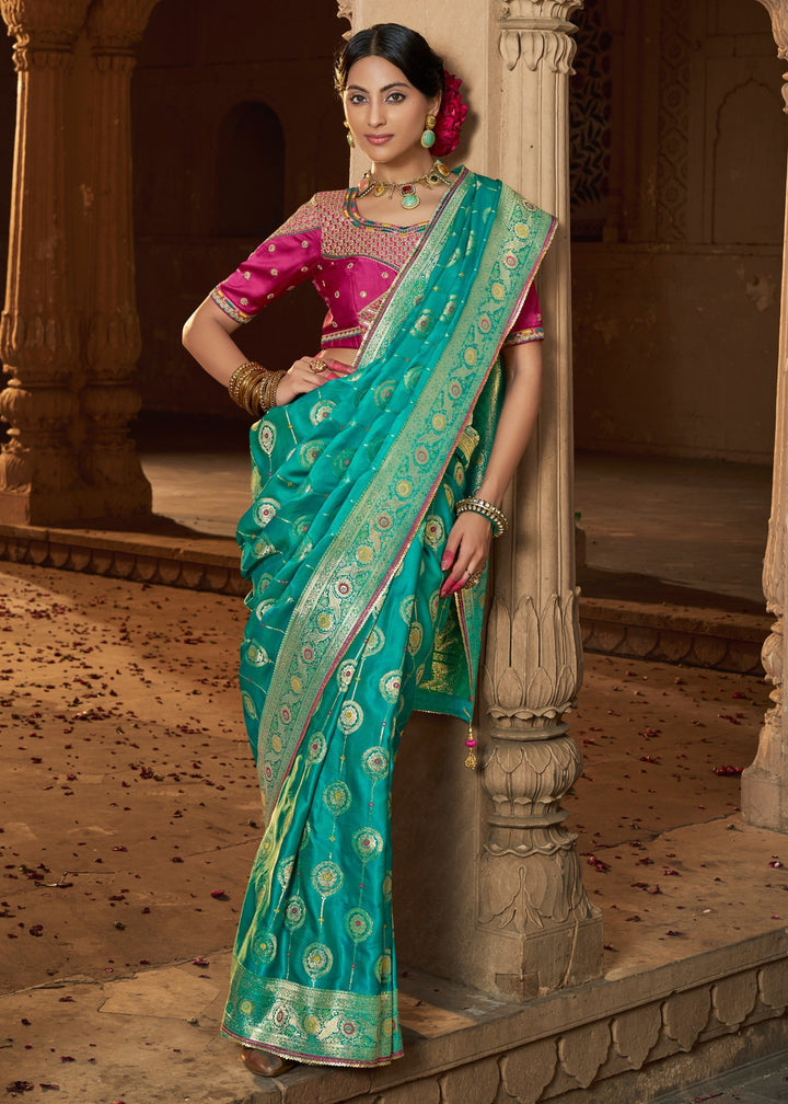 Persian Green Satin Silk Saree