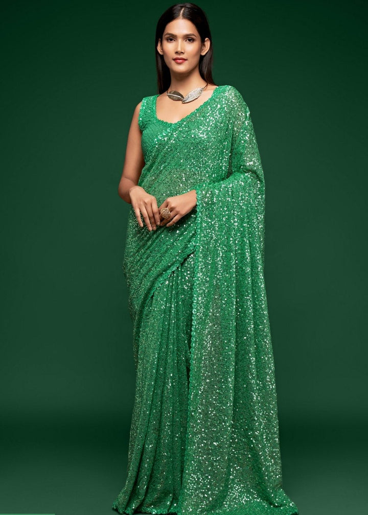 Shamrock Green Designer Georgette Saree