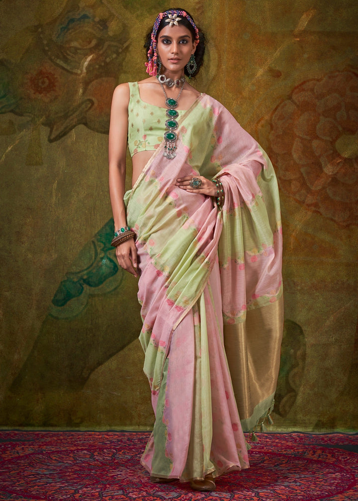 Light Pink And Green Cotton Silk Saree With Rangkaat Handloom Weaving