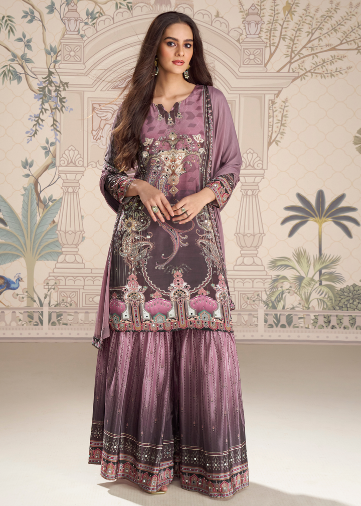Lavender Purple Crep Silk Sharara Suit