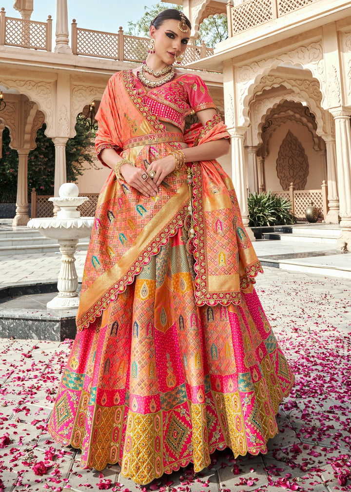 Coral Pink Banarasi Silk Lehenga with Zarkan & Cutwork