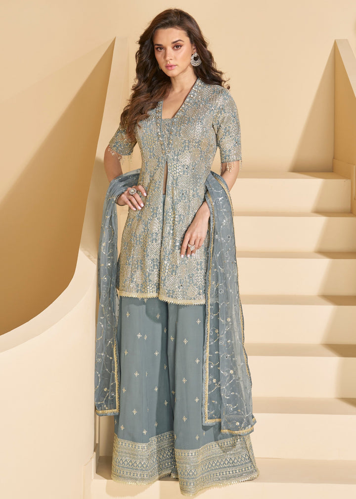 Steel Grey Georgette Plazo Suit With Hand Seroski And Embroidered Work