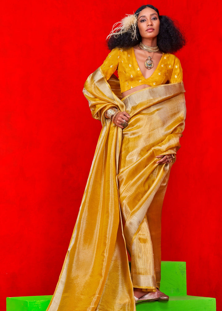 Mustard Yellow Viscose Tissue Silk Saree