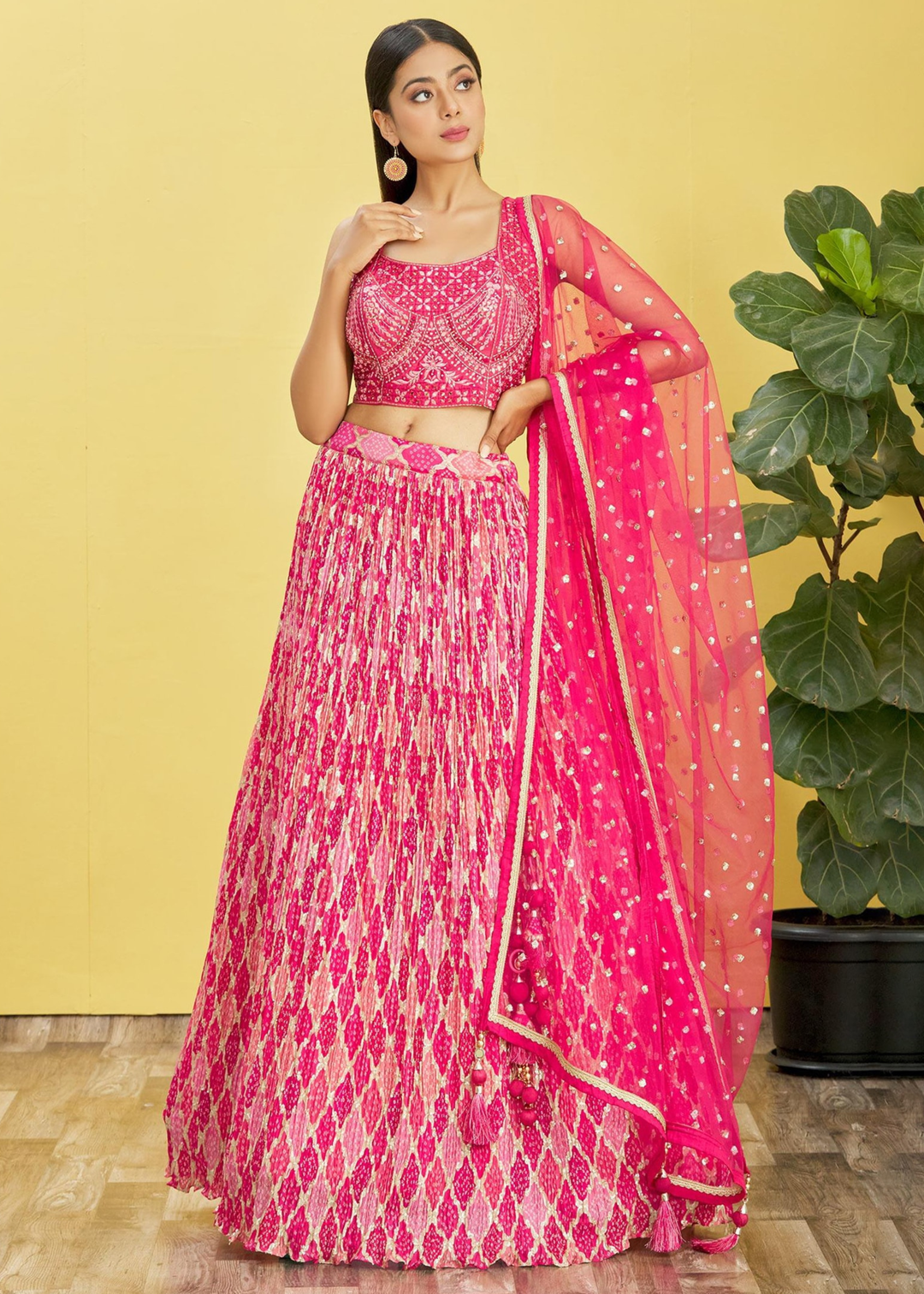Hot Pink Digital Printed Chinnon Lehenga with Thread,Zari & Sequins Work