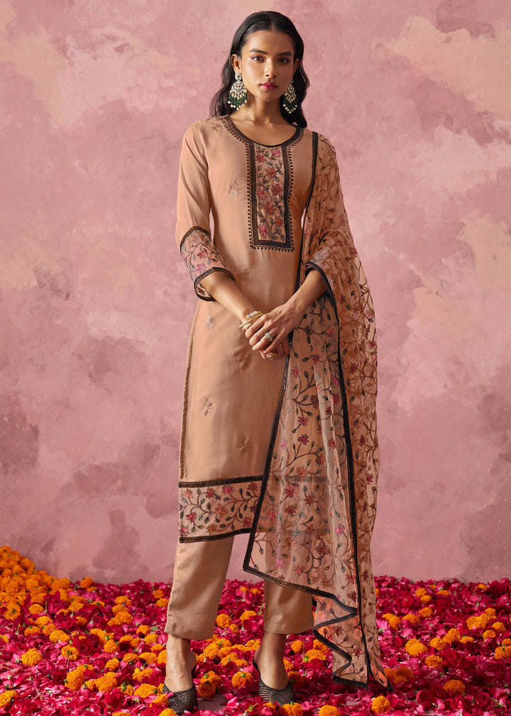 Tan Brown Georgette Suit With Thread Embroidered Work