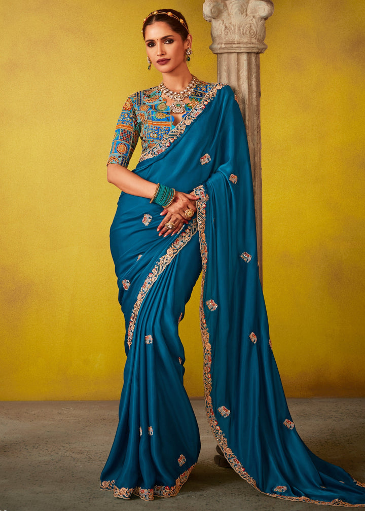 Teal Blue Glass Tissue Silk Saree