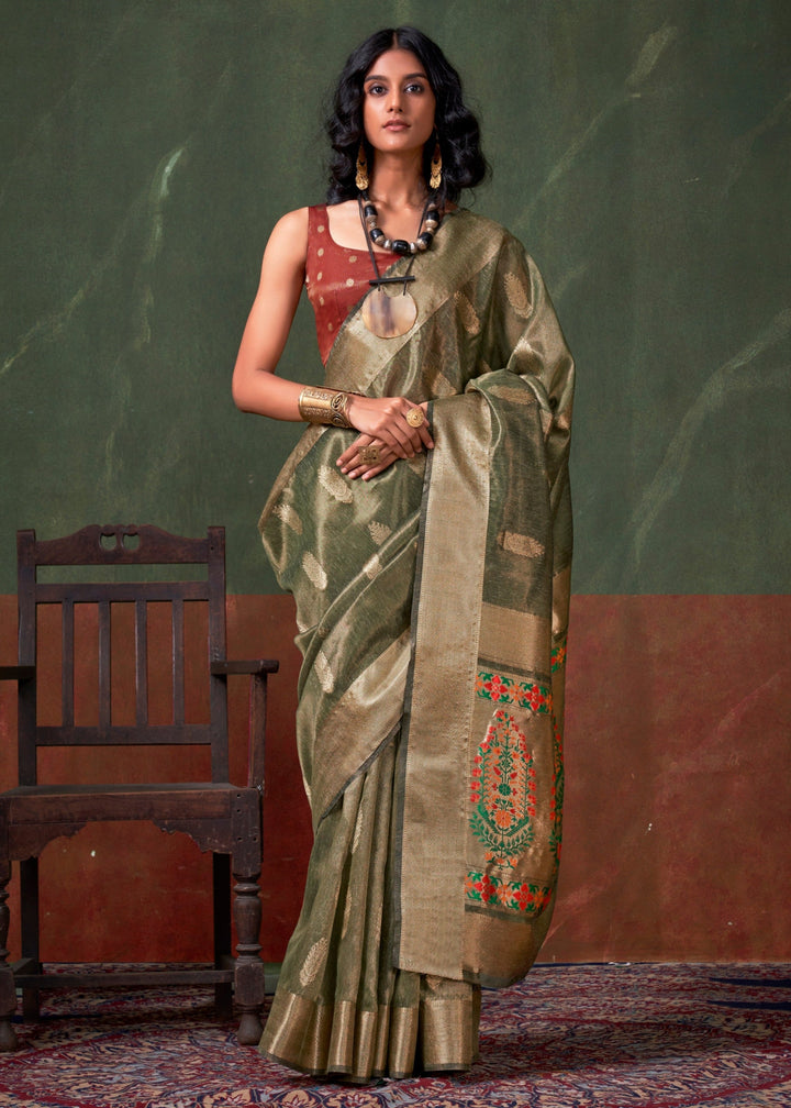 Verdun Green Paithani Tissue Silk Saree With Zari Work