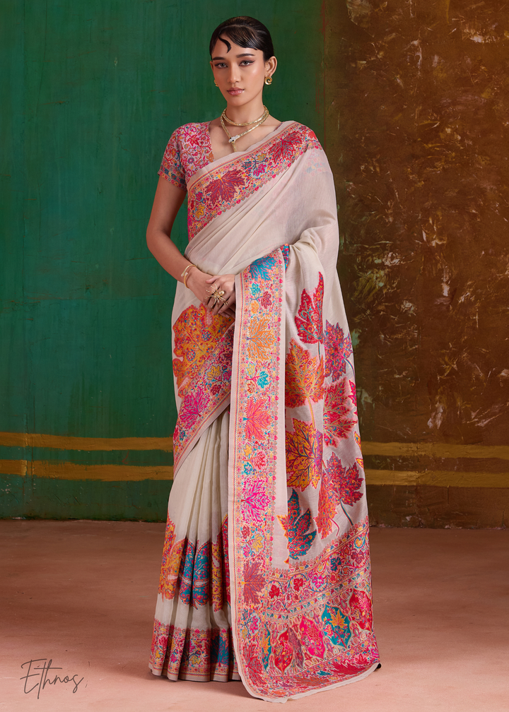 Warm Beige with Multicolour Floral Weave Saree