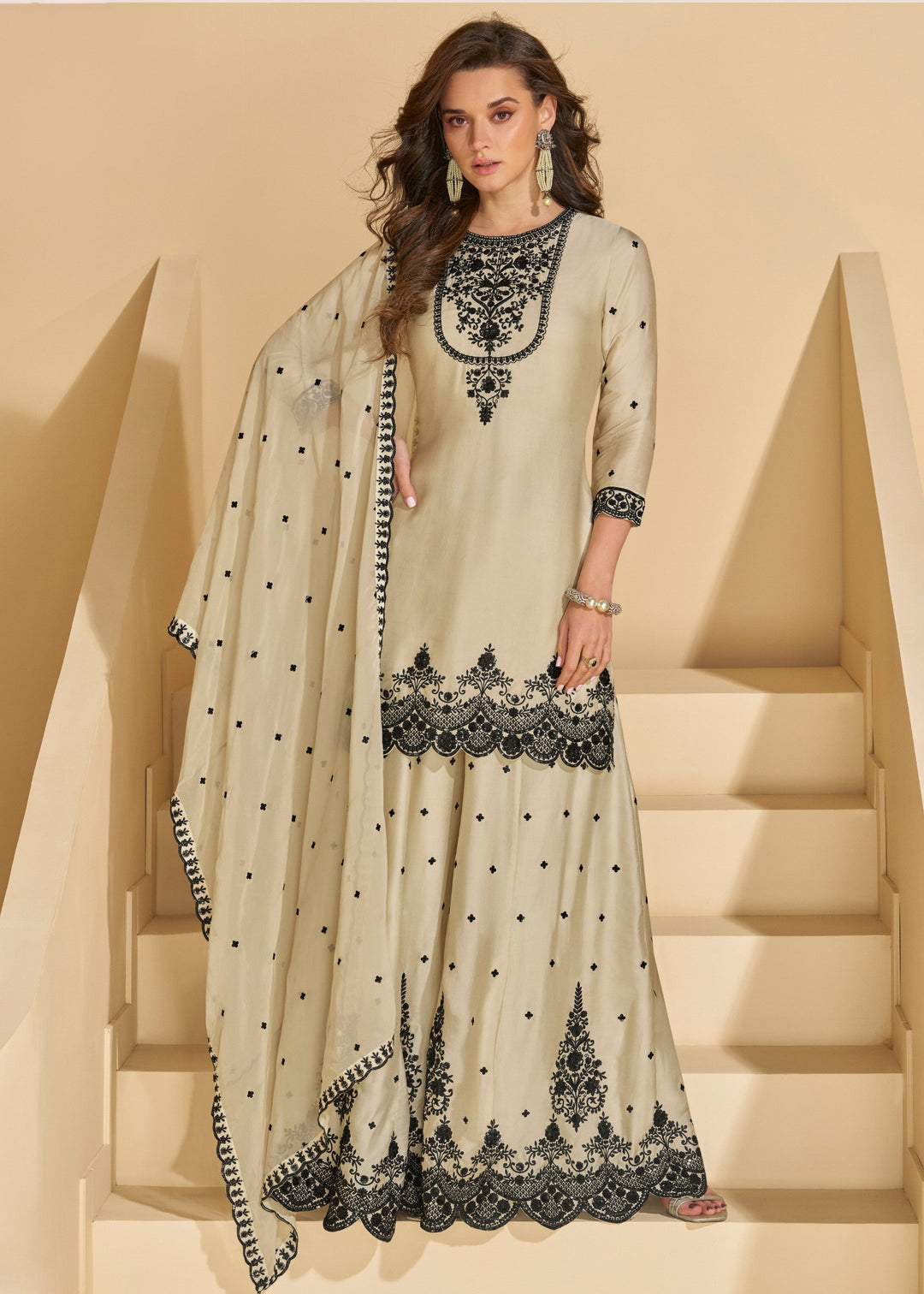Creamy White Premium Real Chinnon Silk Heavy Look Salwar Suit
