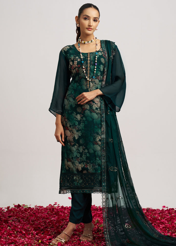 Pine Green Organza Pant Style Suit WIth Chiffon Dupatta