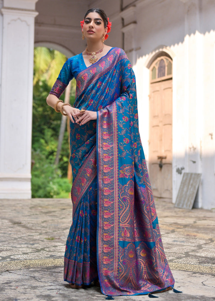 Firozi Thread Woven Jal & Flower Silk Saree With Thread Woven Pallu