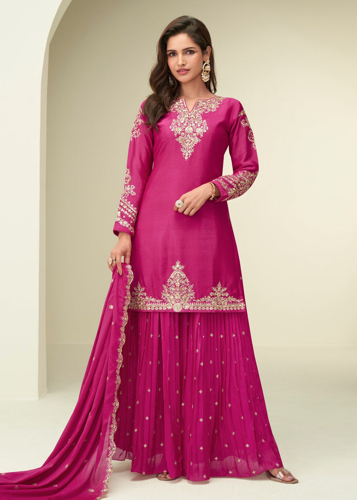 Bright Magenta/Pink With Golden Embroidery Chinnon Silk Salwar Suit
