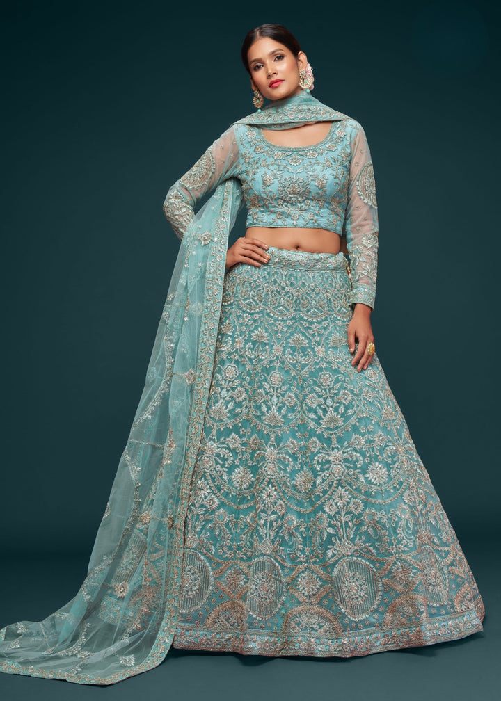 Ocean Aqua Soft Net Lehenga with Thread, Zari, Badla and Glitter Dori Embroidery Work