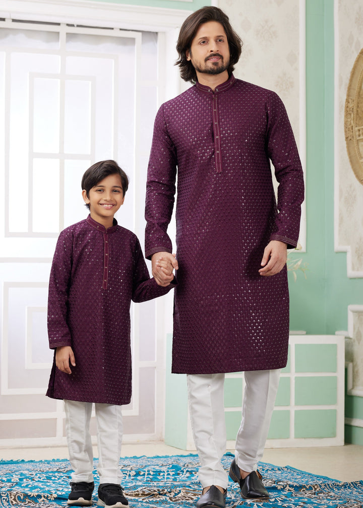Wine Purple Silk Mens Kurta Set With Thread Embroidery Work