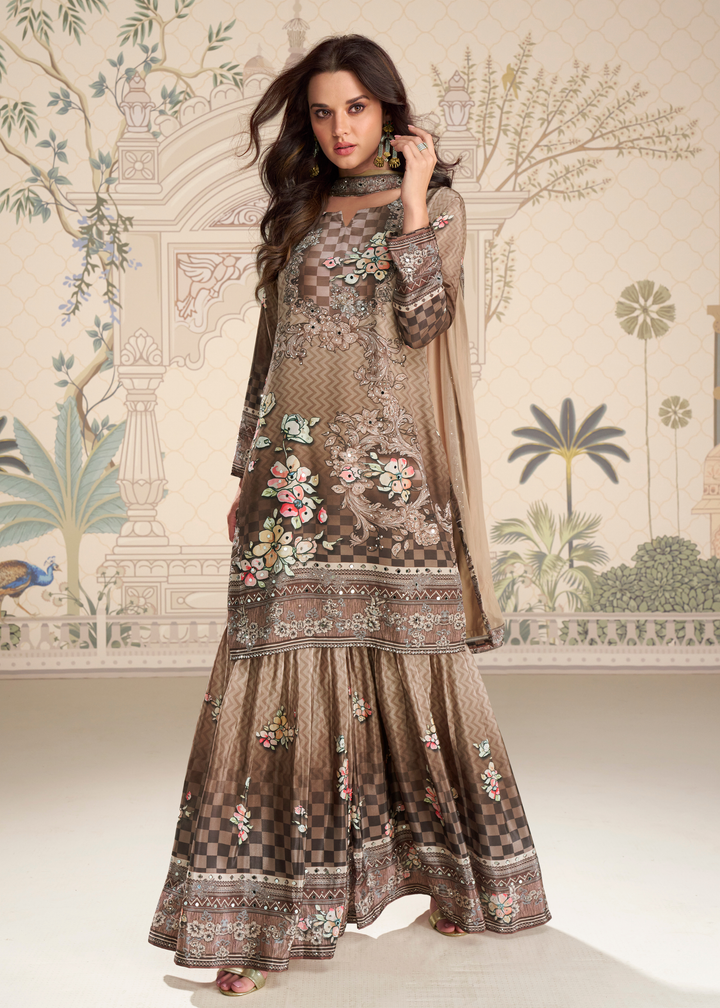 Coffee Brown Crep Silk Sharara Suit