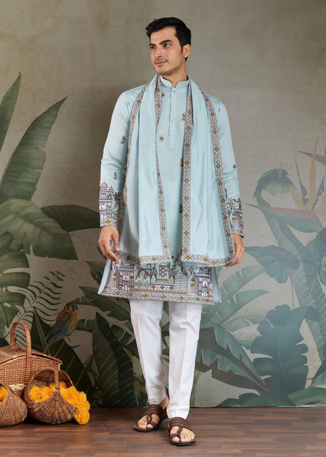 Light Blue Viscose Silk Kurta Set With Thread & Sequins Embroidered Work