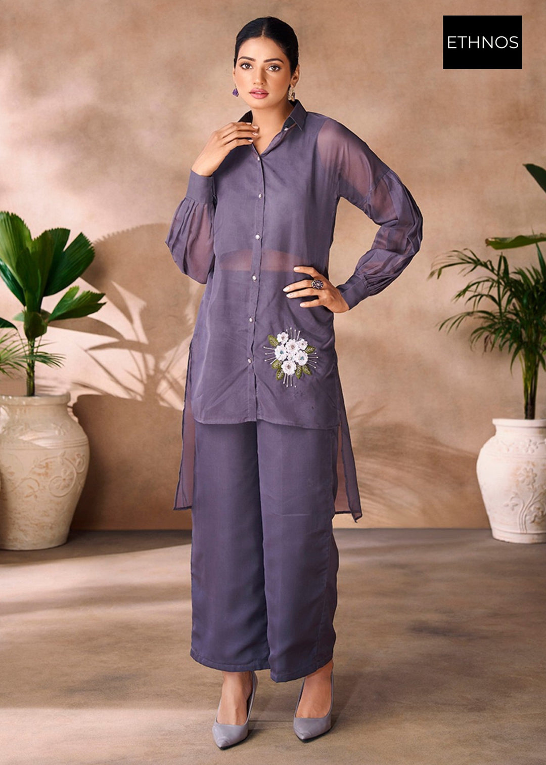 Dark Grey Organza Handwork Co-ord Set