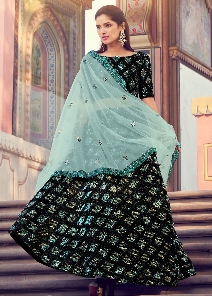 Black & Green Designer Lehenga Choli with Sequins work