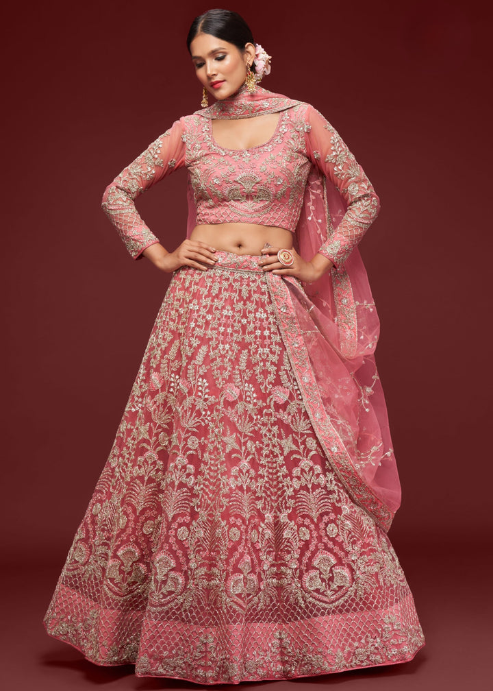 Fantasy Rose Soft Net Lehenga with Thread, Zari, Badla and Glitter Dori Embroidery Work