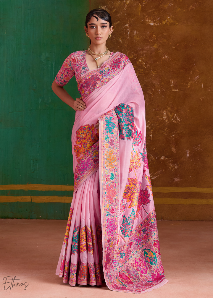 Blush Pink with Multicolour Floral Weave Saree