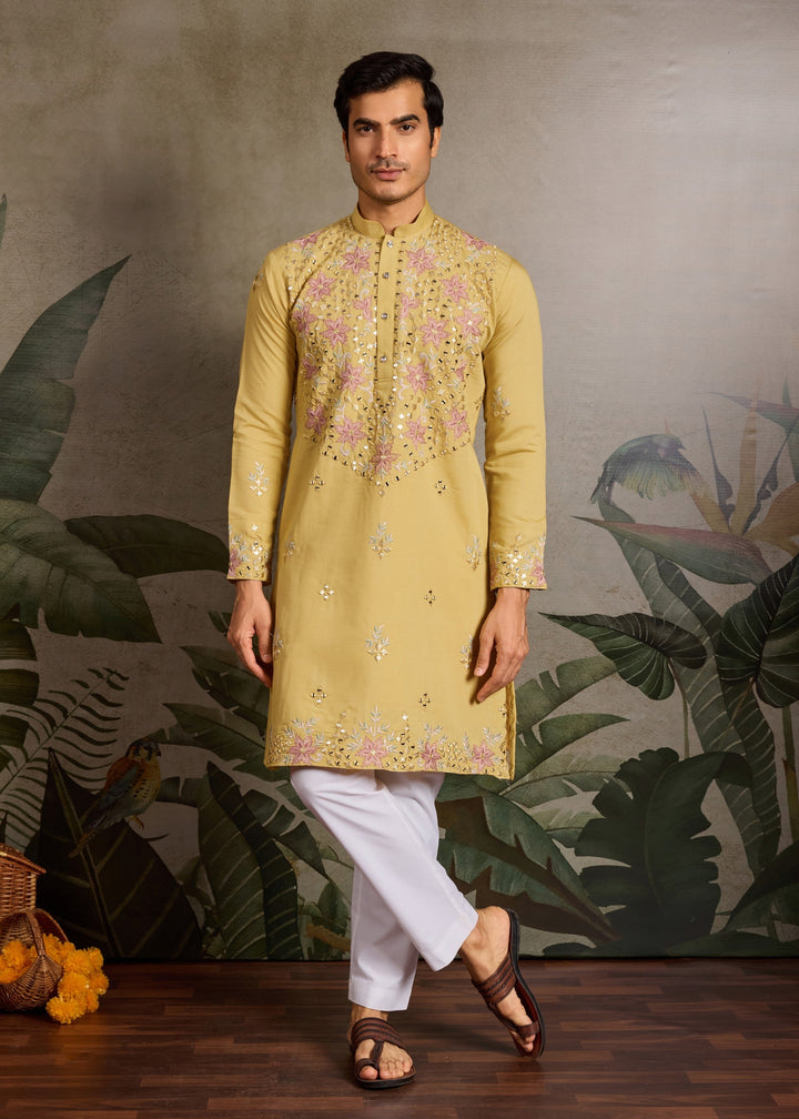 Canary Yellow Mens Wear Silk Kurta with Pant
