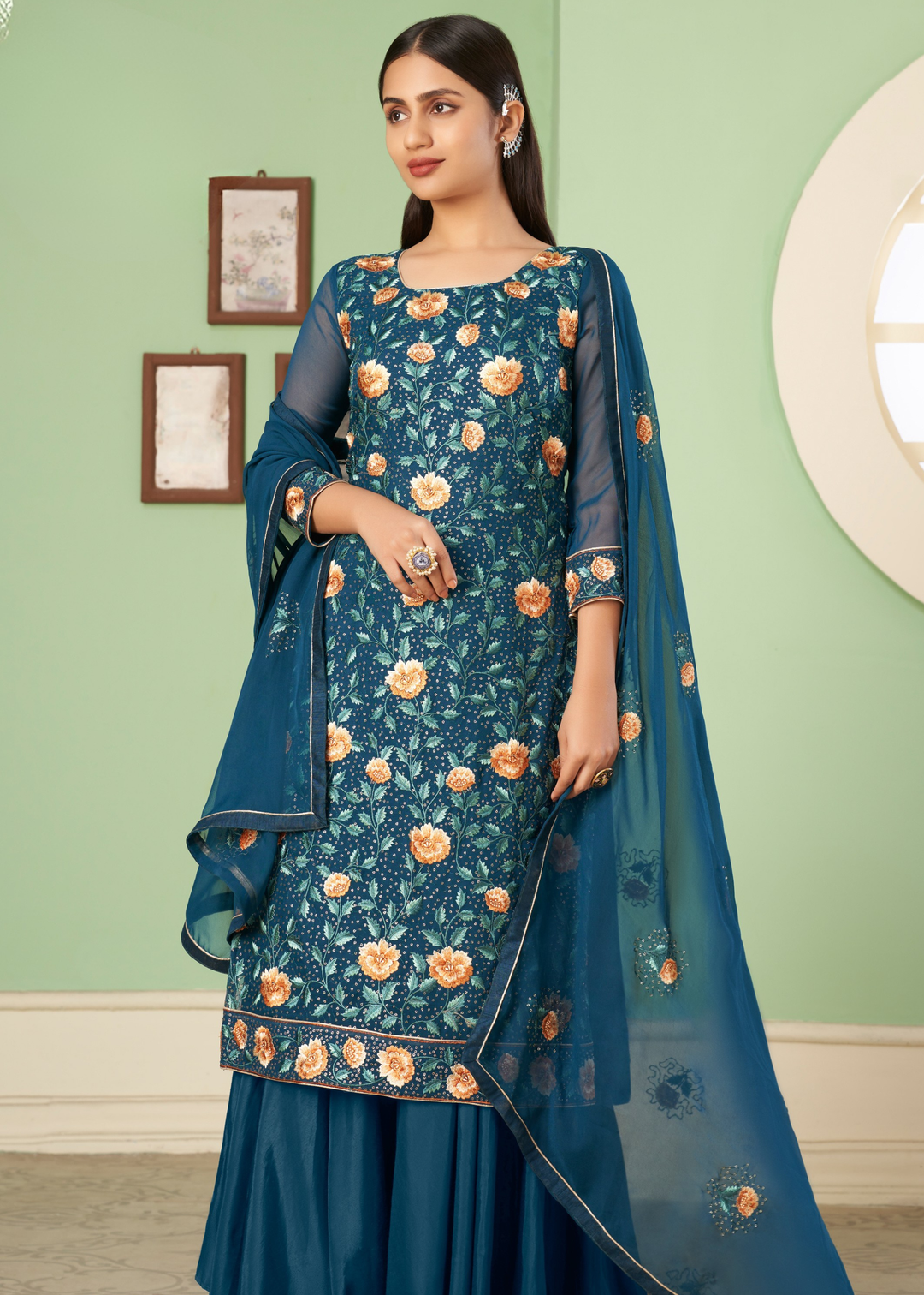 Prussian Blue Georgette Salwar Suit with Multi Colour Thread Embroidery & Sequence work