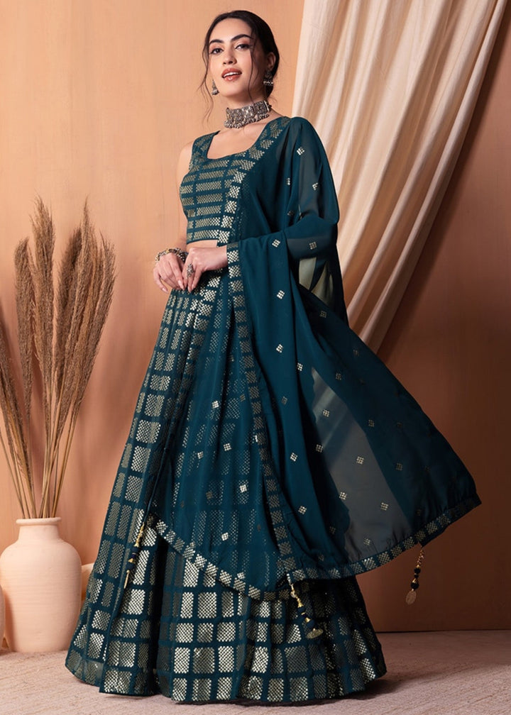 Teal Blue Georgette Lehenga Choli With Sequins And Thread Embroidery Work